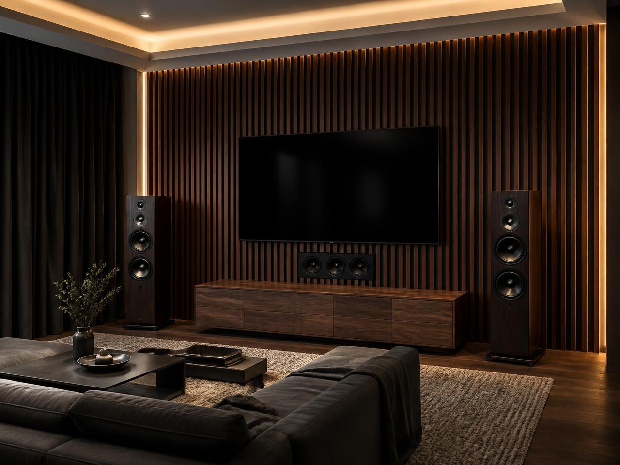 AV room with a walnut acoustic slat wall behind a wall-mounted TV, floor-standing speakers either side and a low media credenza