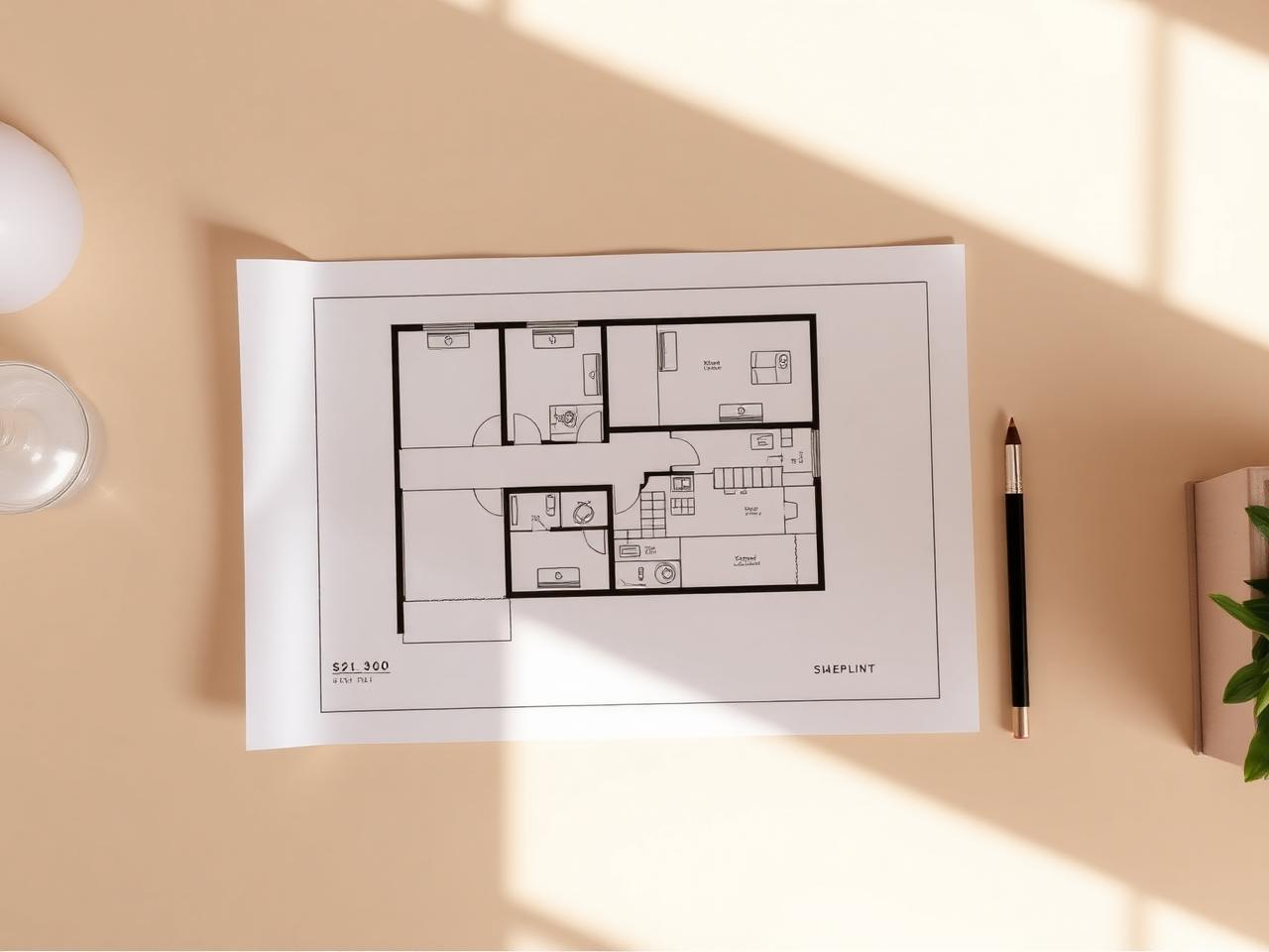 Printed architectural floor plan on a desk with a pencil and scale ruler