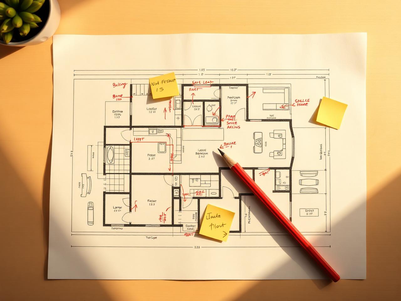 Floor plan marked up with annotations and measurement notes