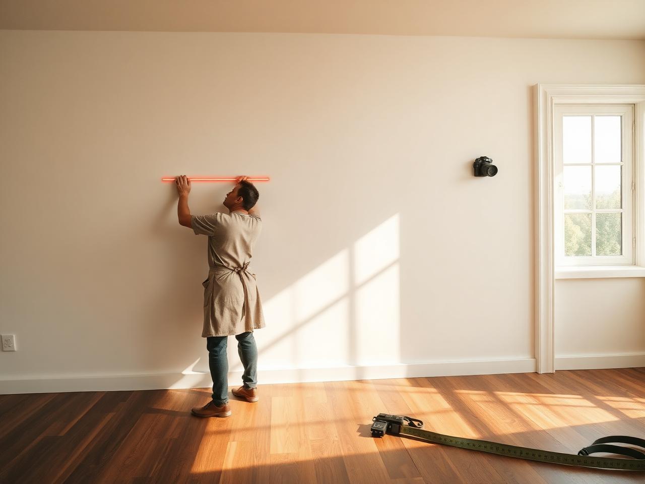 Craftsman laser-measuring a living room wall and photographing it