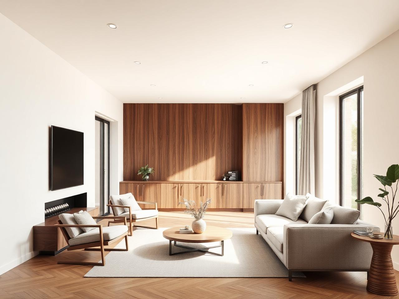 Photorealistic 3D rendering of a walnut living room