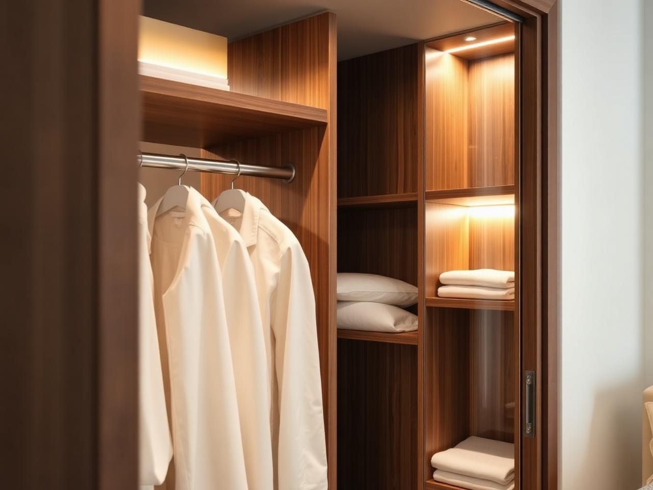 Open walnut wardrobe with warm integrated LED strips along shelves and hanging rail