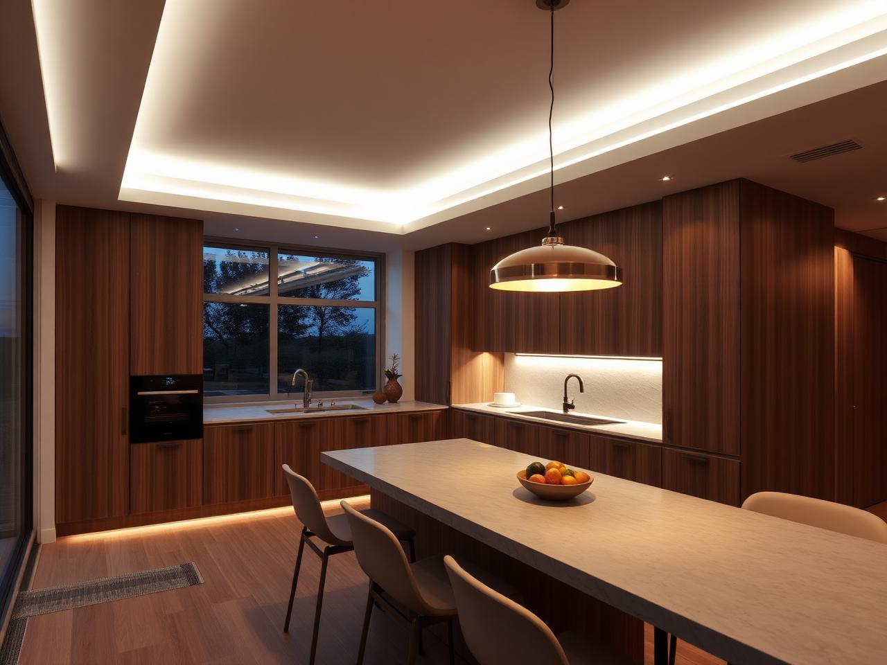 Walnut kitchen at dusk with recessed cove lighting, under-cabinet strips and a warm pendant over the dining table