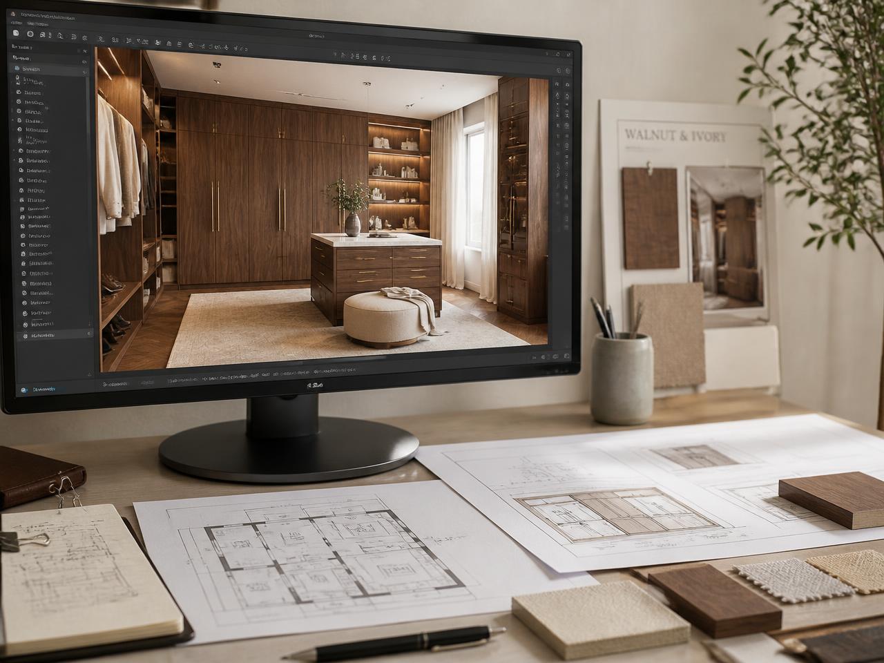 Rendering workstation showing a walnut dressing room render beside floor plans and material samples