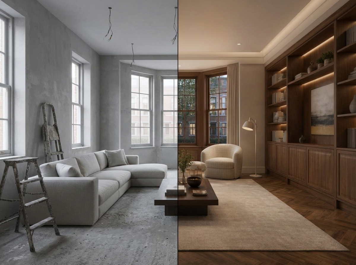 Photoreal 3D render of a walnut living room, half of it shown as an untextured 3D model